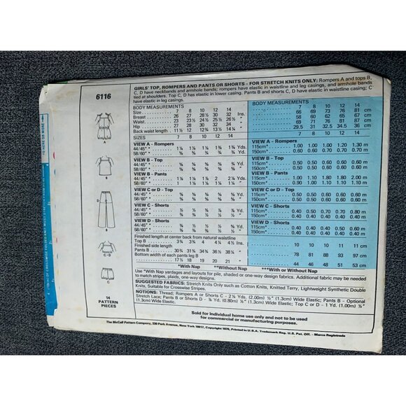 McCall's Girls Shirt Romper Pants Annie's Clothes Line Sewing Pattern sz 14 6116 - Picture 2 of 4